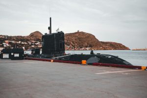 Black Submarine in Dock