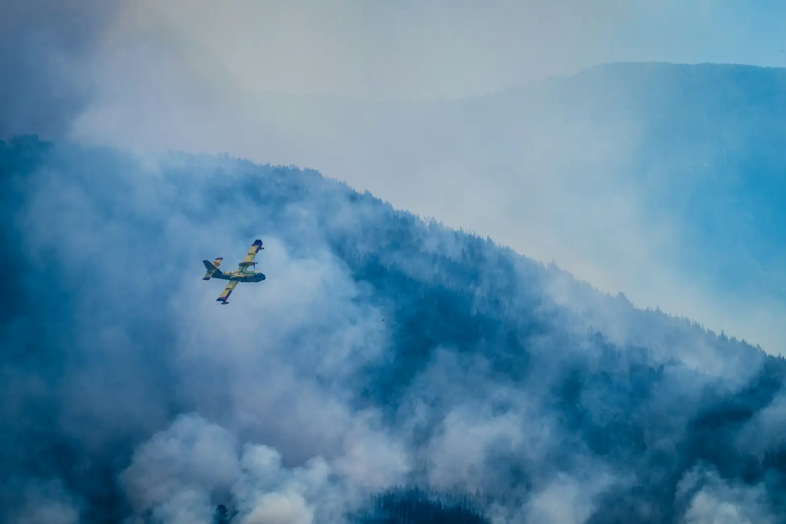 gray plane above mountains