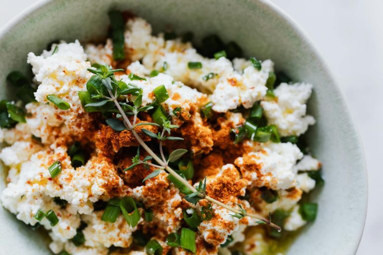 Salad with cottage cheese green onion and brunch of thyme