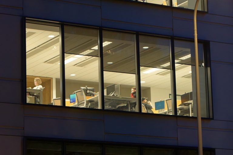 office, office building, night