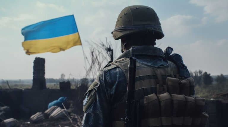 En soldat fra Ukraina kjemper for sitt land. Ukrainsk flagg