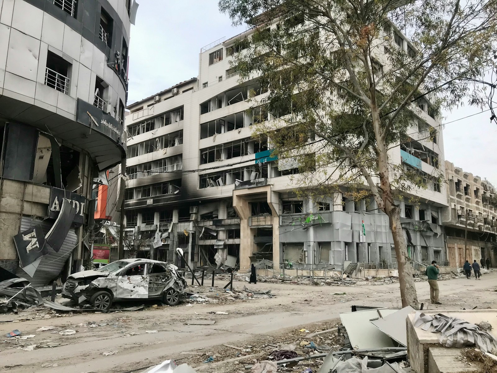 a building that has a bunch of debris in front of it