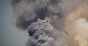 Et gult fly som flyr ved en svart røyk