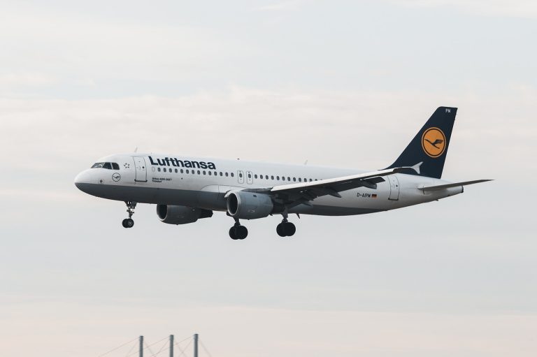 Et fly som flyr over en flyplass
