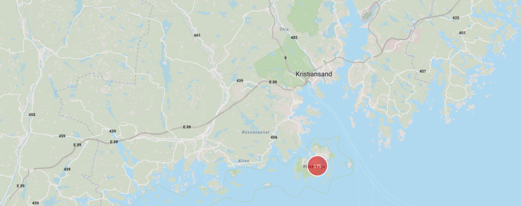 Et kart over strømbrudd på Flekkerøy i Kristiansand