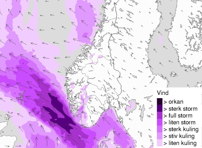 Et kart over vindstyrken